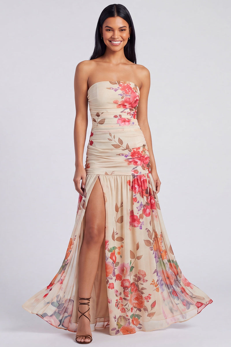 Laden Sie das Bild in den Galerie-Viewer, Elfenbeinfarbenes, trägerloses, gerafftes Blumenkleid mit Schlitz