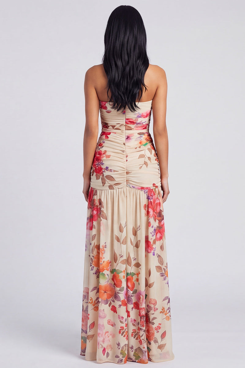 Laden Sie das Bild in den Galerie-Viewer, Elfenbeinfarbenes, trägerloses, gerafftes Blumenkleid mit Schlitz