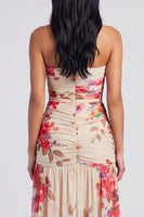 Laden Sie das Bild in den Galerie-Viewer, Elfenbeinfarbenes, trägerloses, gerafftes Blumenkleid mit Schlitz