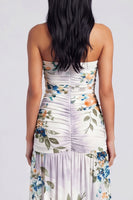 Laden Sie das Bild in den Galerie-Viewer, Elfenbeinfarbenes, trägerloses, gerafftes Blumenkleid mit Schlitz