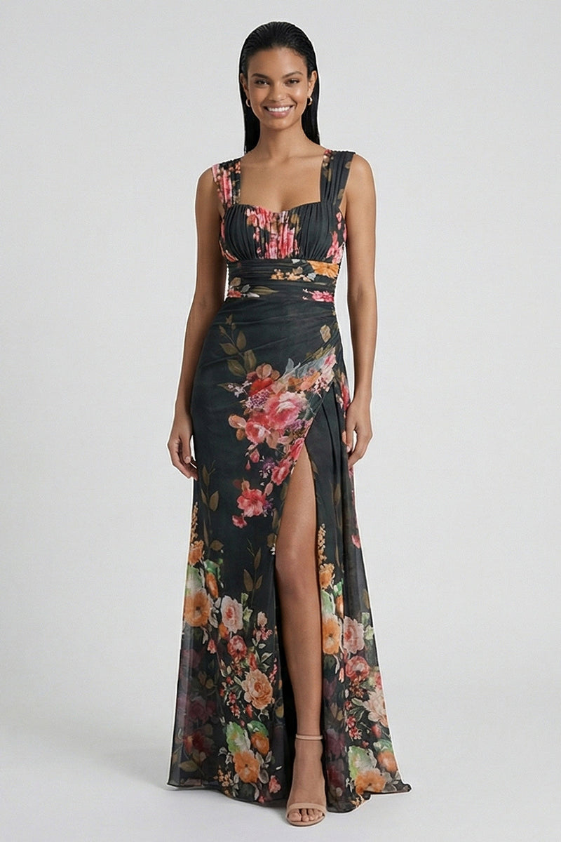 Laden Sie das Bild in den Galerie-Viewer, Schwarzes florales Meerjungfrauen-Quadrathals-Festkleid