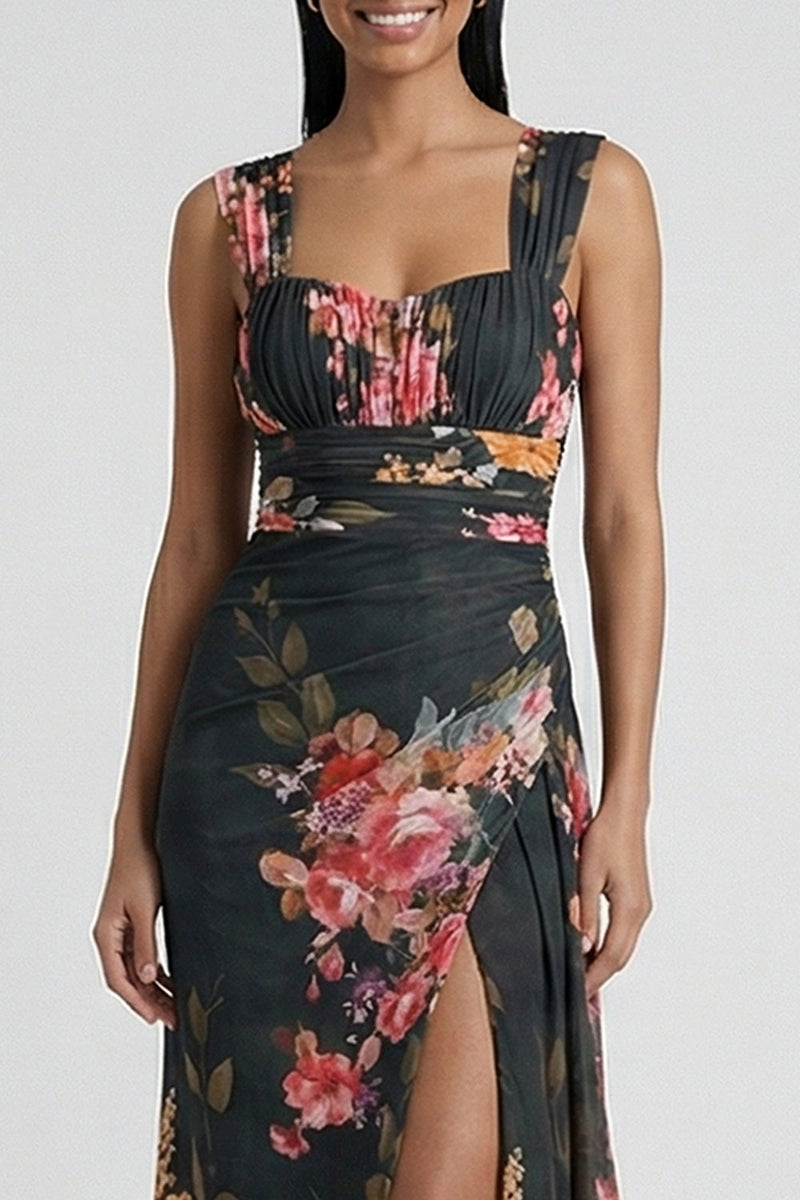 Laden Sie das Bild in den Galerie-Viewer, Schwarzes florales Meerjungfrauen-Quadrathals-Festkleid
