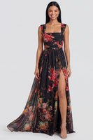 Laden Sie das Bild in den Galerie-Viewer, Schwarzes A-Linien-Chiffon-Blumenkleid mit quadratem Ausschnitt und Schlitz