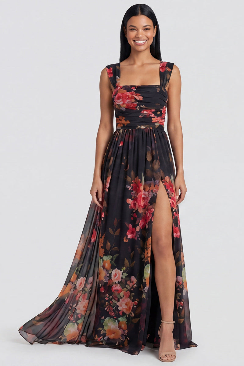 Laden Sie das Bild in den Galerie-Viewer, Schwarzes A-Linien-Chiffon-Blumenkleid mit quadratem Ausschnitt und Schlitz