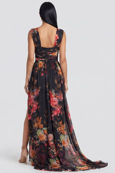 Schwarzes A-Linien-Chiffon-Blumenkleid mit quadratem Ausschnitt und Schlitz