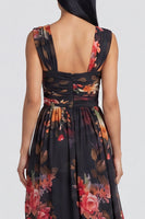 Laden Sie das Bild in den Galerie-Viewer, Schwarzes A-Linien-Chiffon-Blumenkleid mit quadratem Ausschnitt und Schlitz