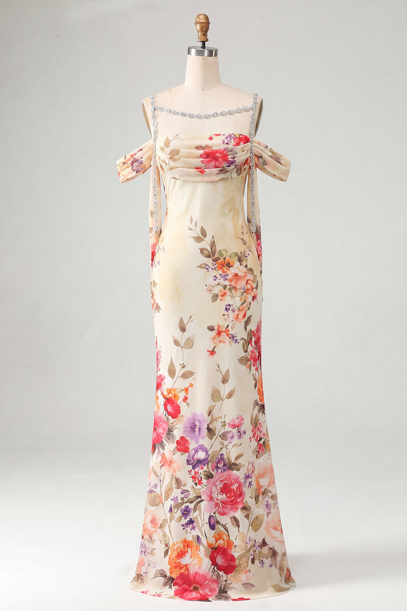 Laden Sie das Bild in den Galerie-Viewer, Elfenbeinfarbenes Kaltschulter-Meerjungfrauen-Formelkleid mit Schärpe