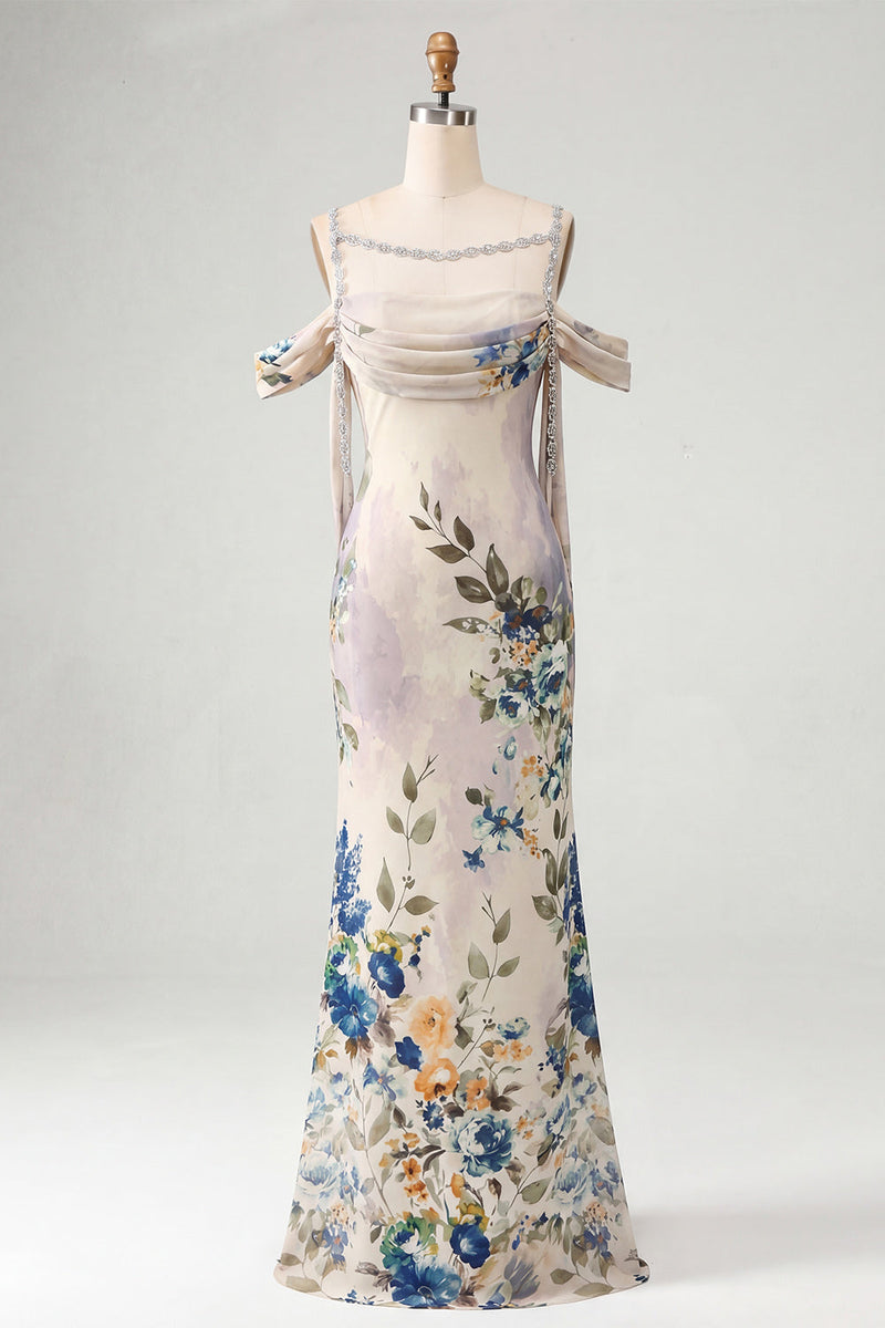 Laden Sie das Bild in den Galerie-Viewer, Elfenbeinfarbenes Kaltschulter-Meerjungfrauen-Formelkleid mit Schärpe