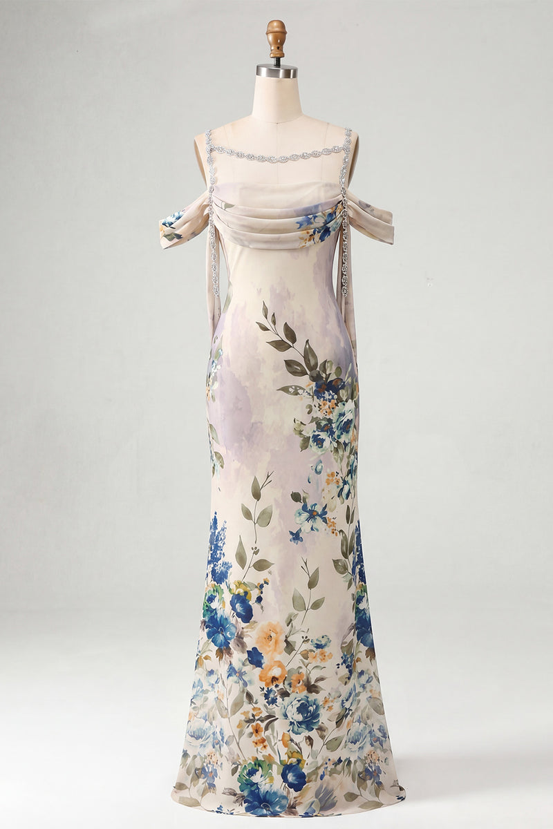 Laden Sie das Bild in den Galerie-Viewer, Elfenbeinfarbenes Kaltschulter-Meerjungfrauen-Formelkleid mit Schärpe