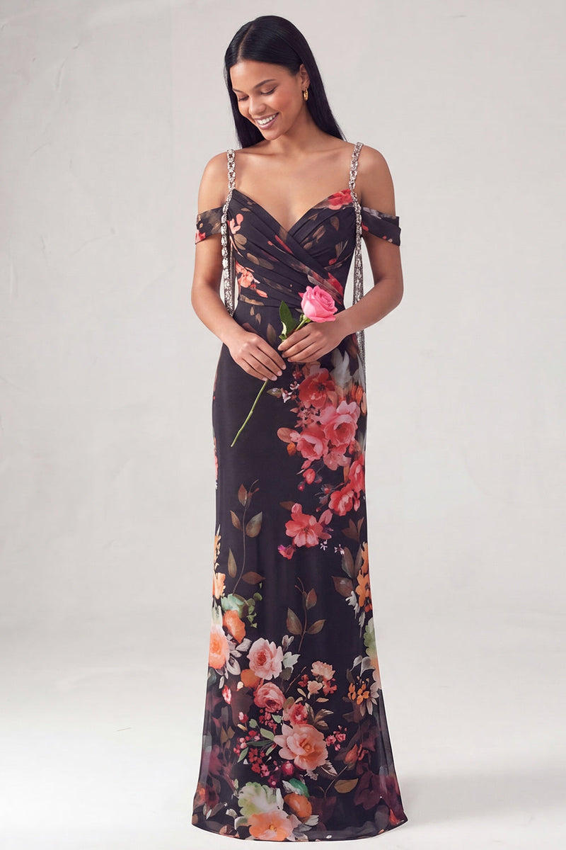 Laden Sie das Bild in den Galerie-Viewer, Schwarzes, kaltschulterfarbenes Blumen-Meerjungfrauen-Zerrafftes Festkleid