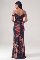 Laden Sie das Bild in den Galerie-Viewer, Schwarzes, kaltschulterfarbenes Blumen-Meerjungfrauen-Zerrafftes Festkleid
