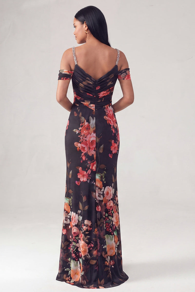 Laden Sie das Bild in den Galerie-Viewer, Schwarzes, kaltschulterfarbenes Blumen-Meerjungfrauen-Zerrafftes Festkleid
