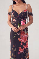 Laden Sie das Bild in den Galerie-Viewer, Schwarzes, kaltschulterfarbenes Blumen-Meerjungfrauen-Zerrafftes Festkleid