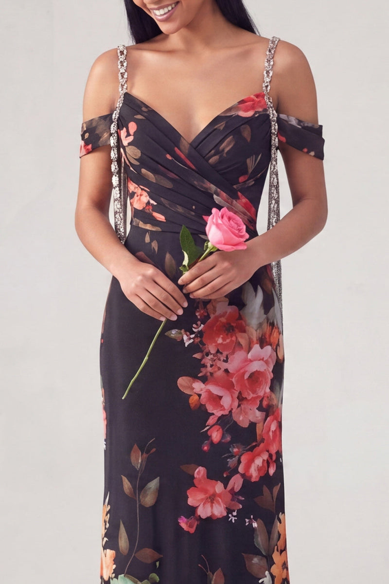 Laden Sie das Bild in den Galerie-Viewer, Schwarzes, kaltschulterfarbenes Blumen-Meerjungfrauen-Zerrafftes Festkleid