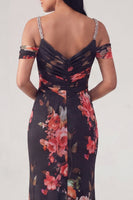 Laden Sie das Bild in den Galerie-Viewer, Schwarzes, kaltschulterfarbenes Blumen-Meerjungfrauen-Zerrafftes Festkleid