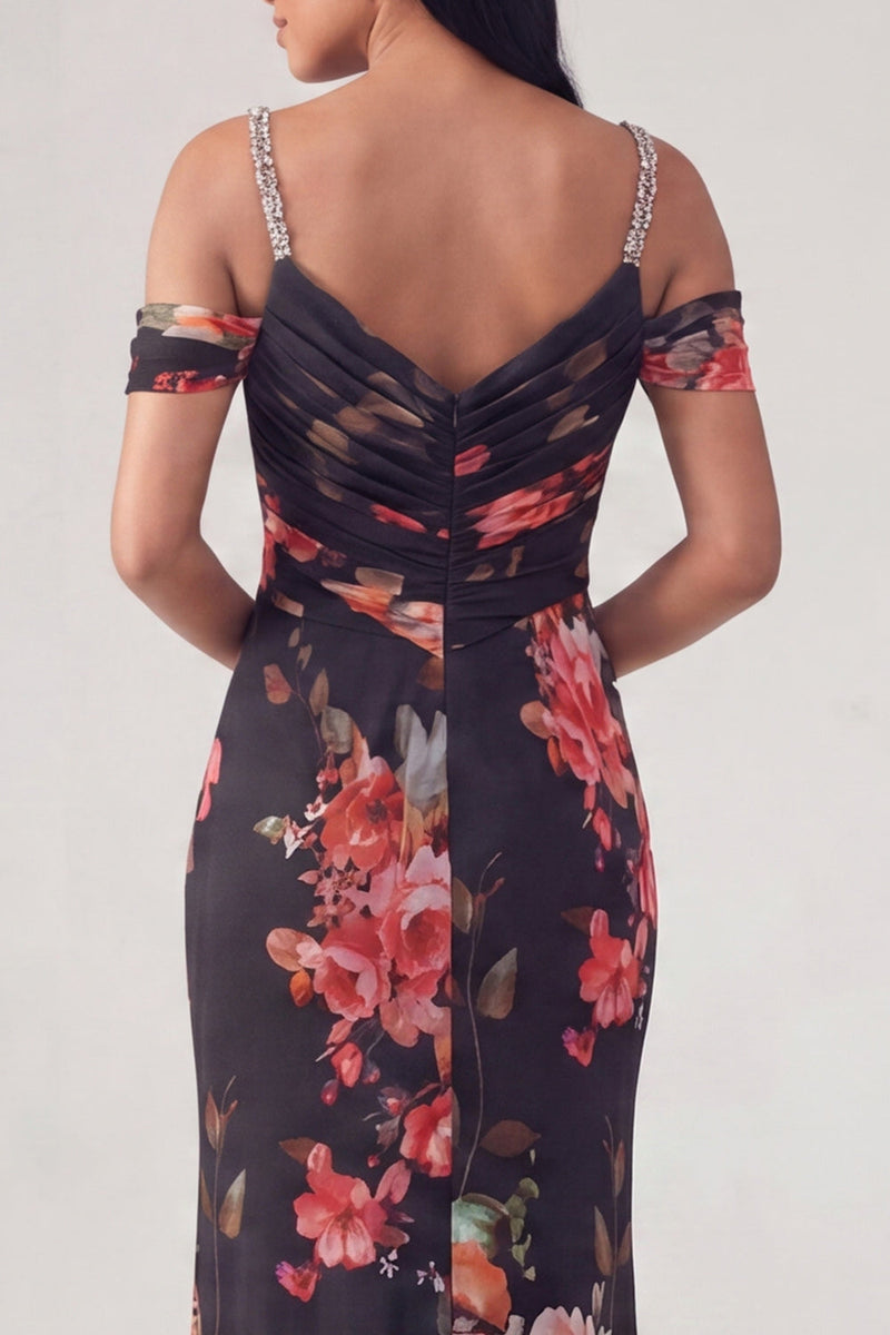 Laden Sie das Bild in den Galerie-Viewer, Schwarzes, kaltschulterfarbenes Blumen-Meerjungfrauen-Zerrafftes Festkleid
