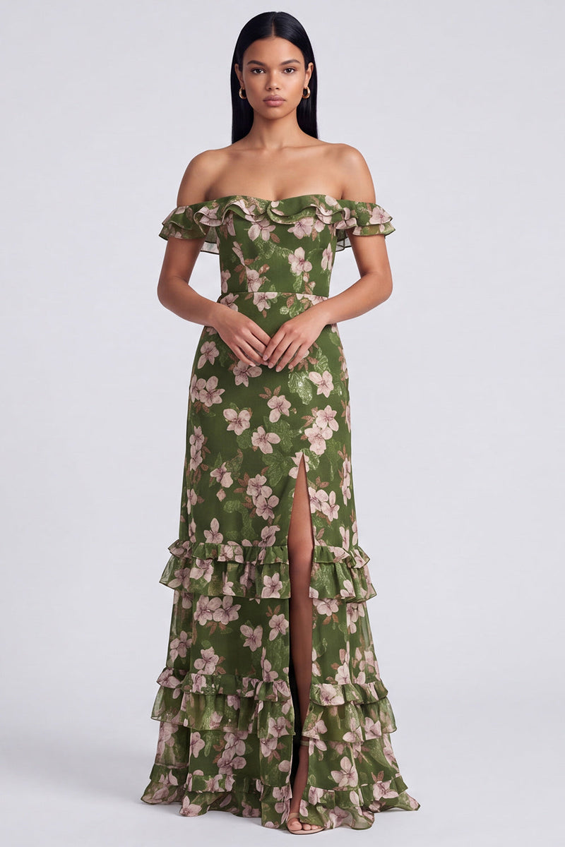 Laden Sie das Bild in den Galerie-Viewer, Schulterfreies, dunkelgrünes Stoffrüschen-Kleidungsstück mit Blumen und Schlitz
