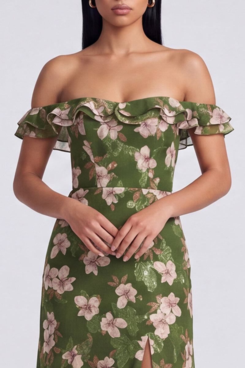 Laden Sie das Bild in den Galerie-Viewer, Schulterfreies, dunkelgrünes Stoffrüschen-Kleidungsstück mit Blumen und Schlitz
