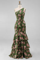 Laden Sie das Bild in den Galerie-Viewer, Ein Schulter dunkelgrünes Meerjungfrauenkleid mit gestuftem Rüschen, Blumen und Schlitz