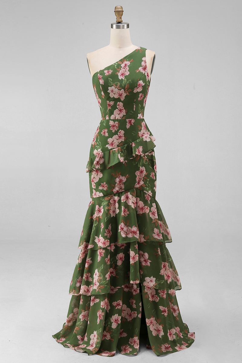 Laden Sie das Bild in den Galerie-Viewer, Ein Schulter dunkelgrünes Meerjungfrauenkleid mit gestuftem Rüschen, Blumen und Schlitz