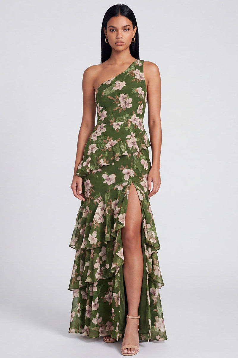 Laden Sie das Bild in den Galerie-Viewer, Ein Schulter dunkelgrünes Meerjungfrauenkleid mit gestuftem Rüschen, Blumen und Schlitz
