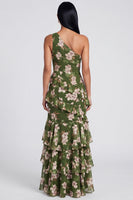 Laden Sie das Bild in den Galerie-Viewer, Ein Schulter dunkelgrünes Meerjungfrauenkleid mit gestuftem Rüschen, Blumen und Schlitz