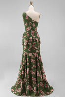Laden Sie das Bild in den Galerie-Viewer, Ein Schulter dunkelgrünes Meerjungfrauenkleid mit gestuftem Rüschen, Blumen und Schlitz