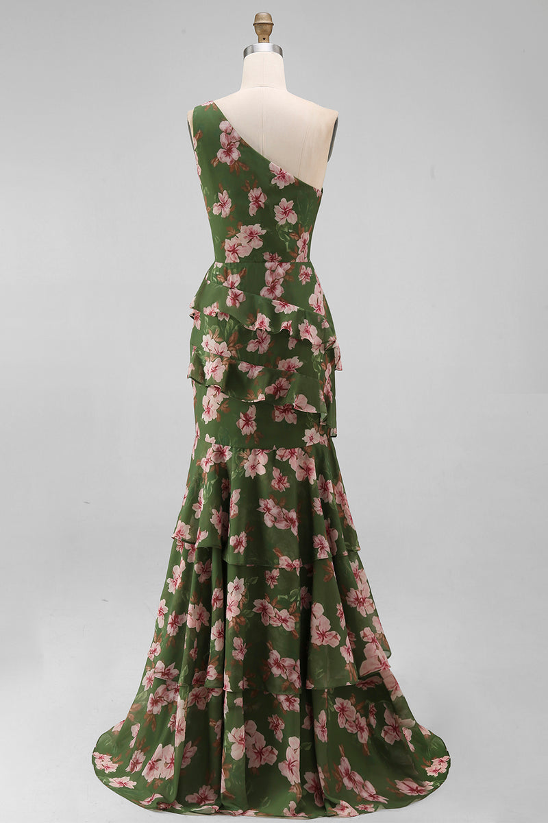 Laden Sie das Bild in den Galerie-Viewer, Ein Schulter dunkelgrünes Meerjungfrauenkleid mit gestuftem Rüschen, Blumen und Schlitz
