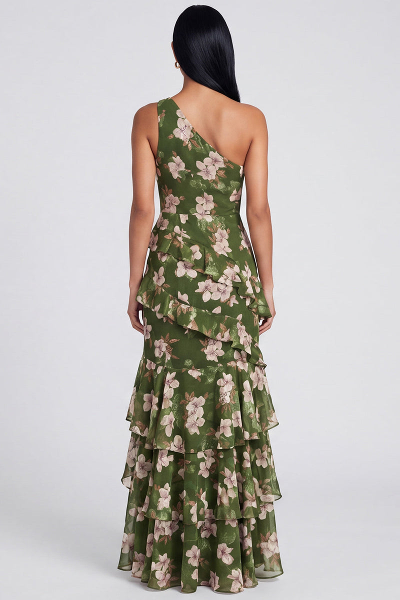 Laden Sie das Bild in den Galerie-Viewer, Ein Schulter dunkelgrünes Meerjungfrauenkleid mit gestuftem Rüschen, Blumen und Schlitz