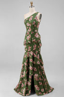 Laden Sie das Bild in den Galerie-Viewer, Ein Schulter dunkelgrünes Meerjungfrauenkleid mit gestuftem Rüschen, Blumen und Schlitz