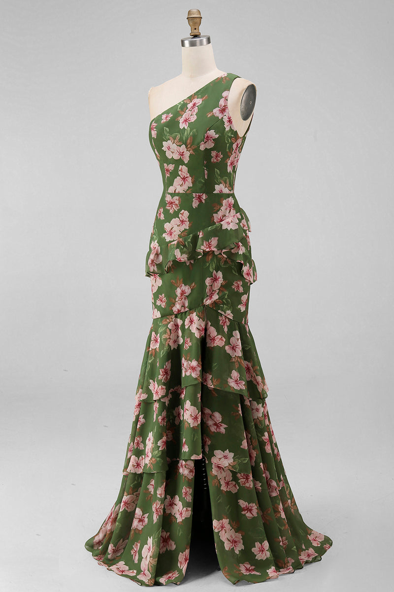 Laden Sie das Bild in den Galerie-Viewer, Ein Schulter dunkelgrünes Meerjungfrauenkleid mit gestuftem Rüschen, Blumen und Schlitz