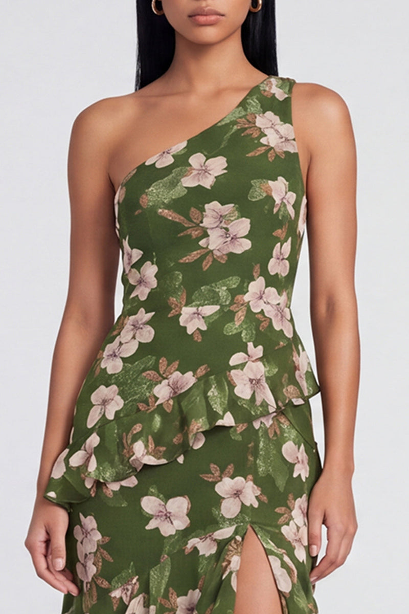 Laden Sie das Bild in den Galerie-Viewer, Ein Schulter dunkelgrünes Meerjungfrauenkleid mit gestuftem Rüschen, Blumen und Schlitz