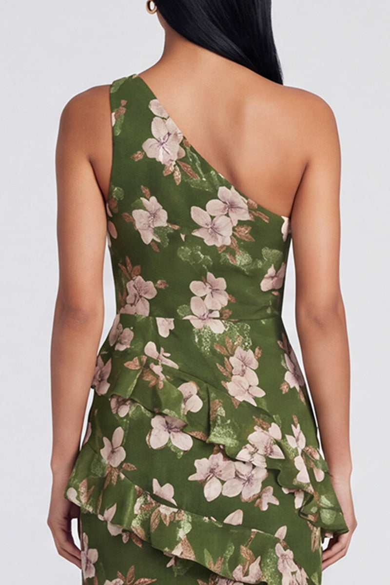 Laden Sie das Bild in den Galerie-Viewer, Ein Schulter dunkelgrünes Meerjungfrauenkleid mit gestuftem Rüschen, Blumen und Schlitz