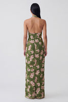 Laden Sie das Bild in den Galerie-Viewer, Dunkelgrünes Neckholder-Rückenschutz-Langblumiges Kleid