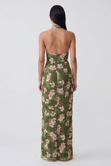 Dunkelgrünes Neckholder-Rückenschutz-Langblumiges Kleid