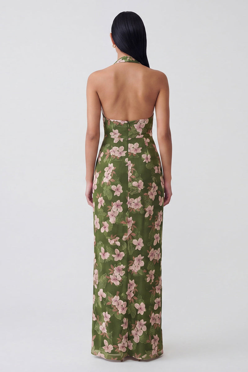 Laden Sie das Bild in den Galerie-Viewer, Dunkelgrünes Neckholder-Rückenschutz-Langblumiges Kleid