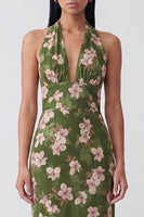 Laden Sie das Bild in den Galerie-Viewer, Dunkelgrünes Neckholder-Rückenschutz-Langblumiges Kleid