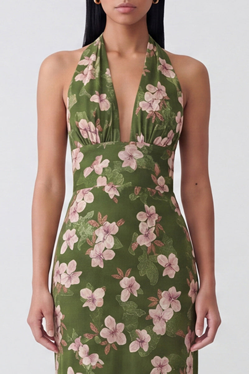 Laden Sie das Bild in den Galerie-Viewer, Dunkelgrünes Neckholder-Rückenschutz-Langblumiges Kleid