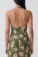 Laden Sie das Bild in den Galerie-Viewer, Dunkelgrünes Neckholder-Rückenschutz-Langblumiges Kleid