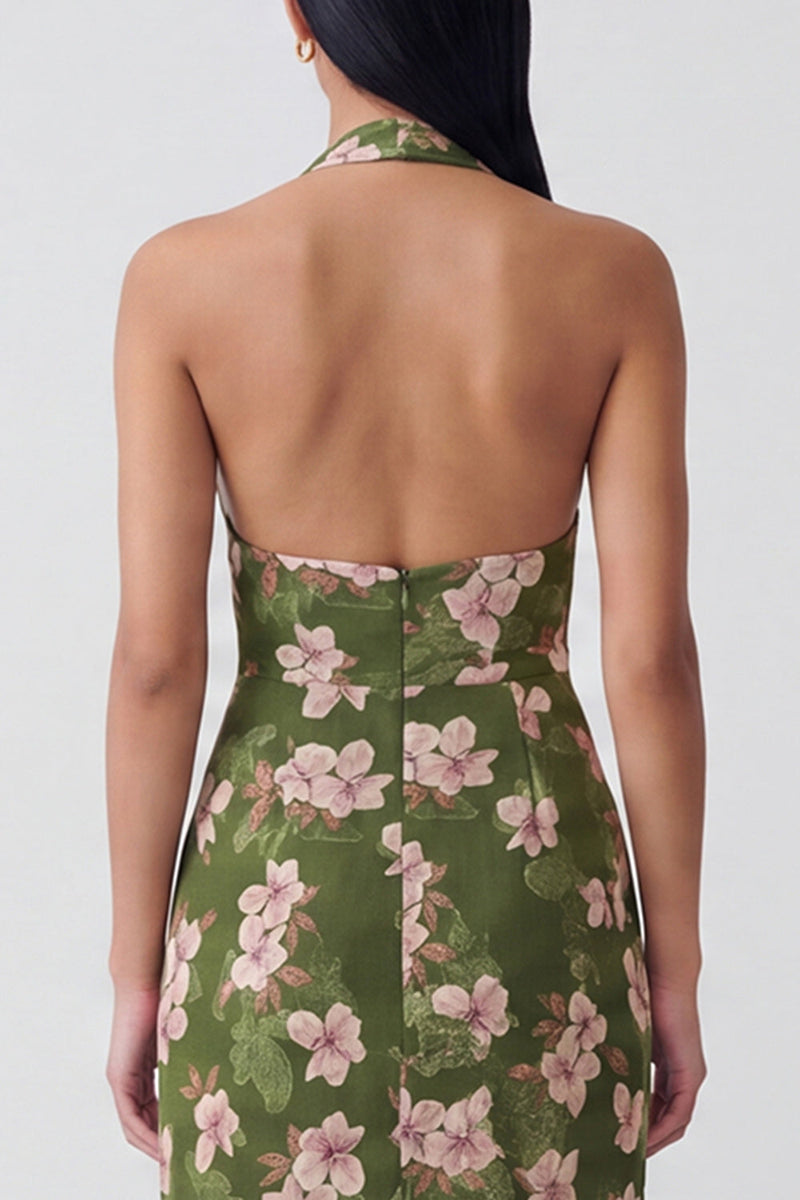 Laden Sie das Bild in den Galerie-Viewer, Dunkelgrünes Neckholder-Rückenschutz-Langblumiges Kleid