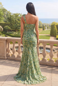 Staubgrünes einschulteriges Meerjungfrauen-Zerrafftes Festkleid mit 3D-Blumen