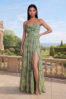 Laden Sie das Bild in den Galerie-Viewer, Staubiges grünes A-Linie Spaghettiträger Blumenkleid mit Schlitz