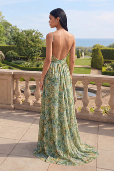 Staubiges grünes A-Linie Spaghettiträger Blumenkleid mit Schlitz