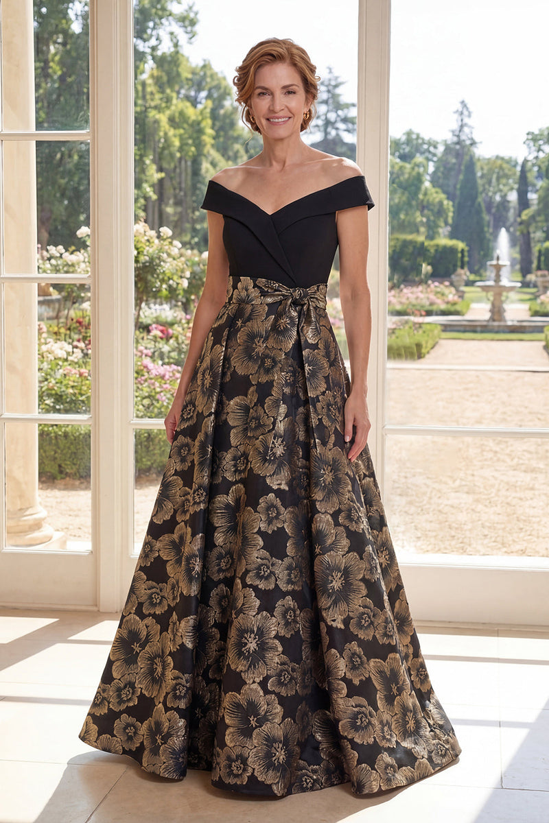 Laden Sie das Bild in den Galerie-Viewer, Schwarz, eine Linie von der Schulter, Jacquard langes Mutter-der-der-Braut-Kleid mit Schleife
