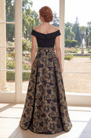 Laden Sie das Bild in den Galerie-Viewer, Schwarz, eine Linie von der Schulter, Jacquard langes Mutter-der-der-Braut-Kleid mit Schleife