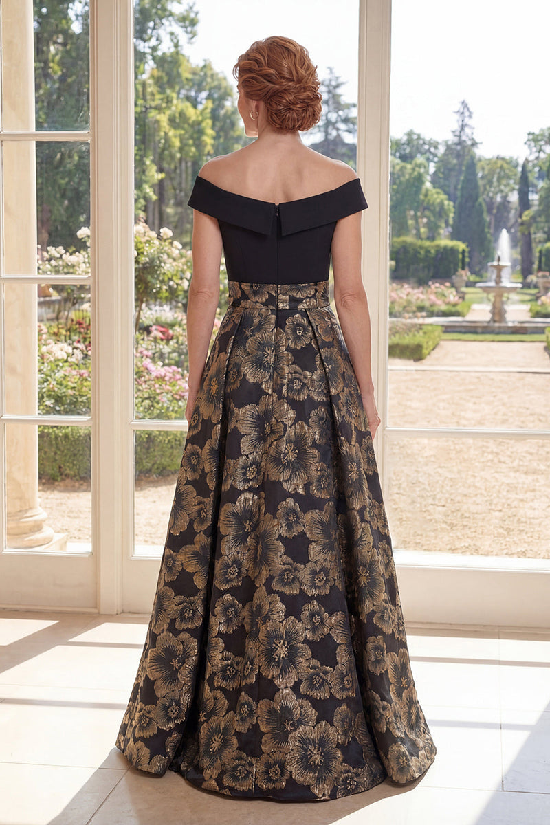 Laden Sie das Bild in den Galerie-Viewer, Schwarz, eine Linie von der Schulter, Jacquard langes Mutter-der-der-Braut-Kleid mit Schleife