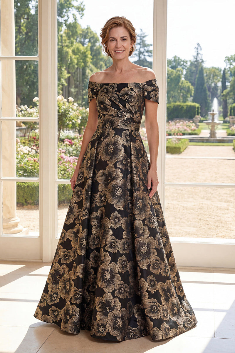 Laden Sie das Bild in den Galerie-Viewer, Ein schwarzes schulterloses Jacquard-Floral-Kleidungsstück mit langer Mutter der Braut
