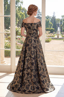 Laden Sie das Bild in den Galerie-Viewer, Ein schwarzes schulterloses Jacquard-Floral-Kleidungsstück mit langer Mutter der Braut