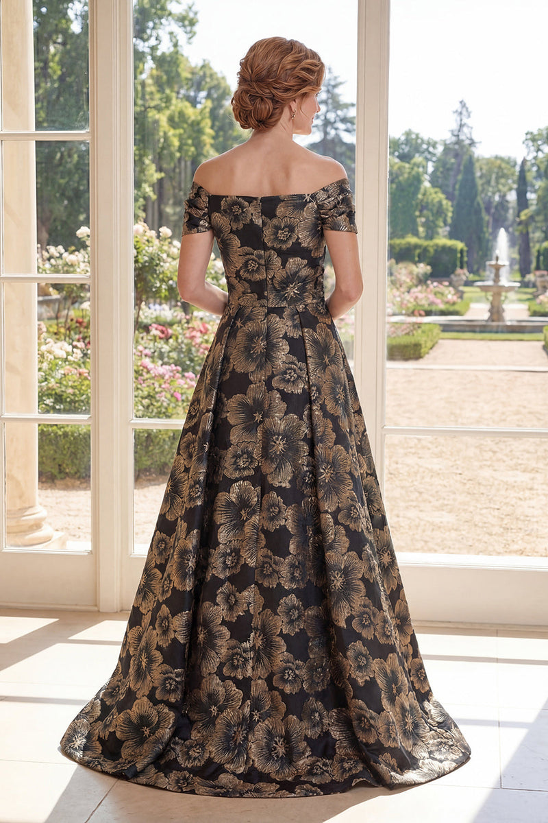 Laden Sie das Bild in den Galerie-Viewer, Ein schwarzes schulterloses Jacquard-Floral-Kleidungsstück mit langer Mutter der Braut