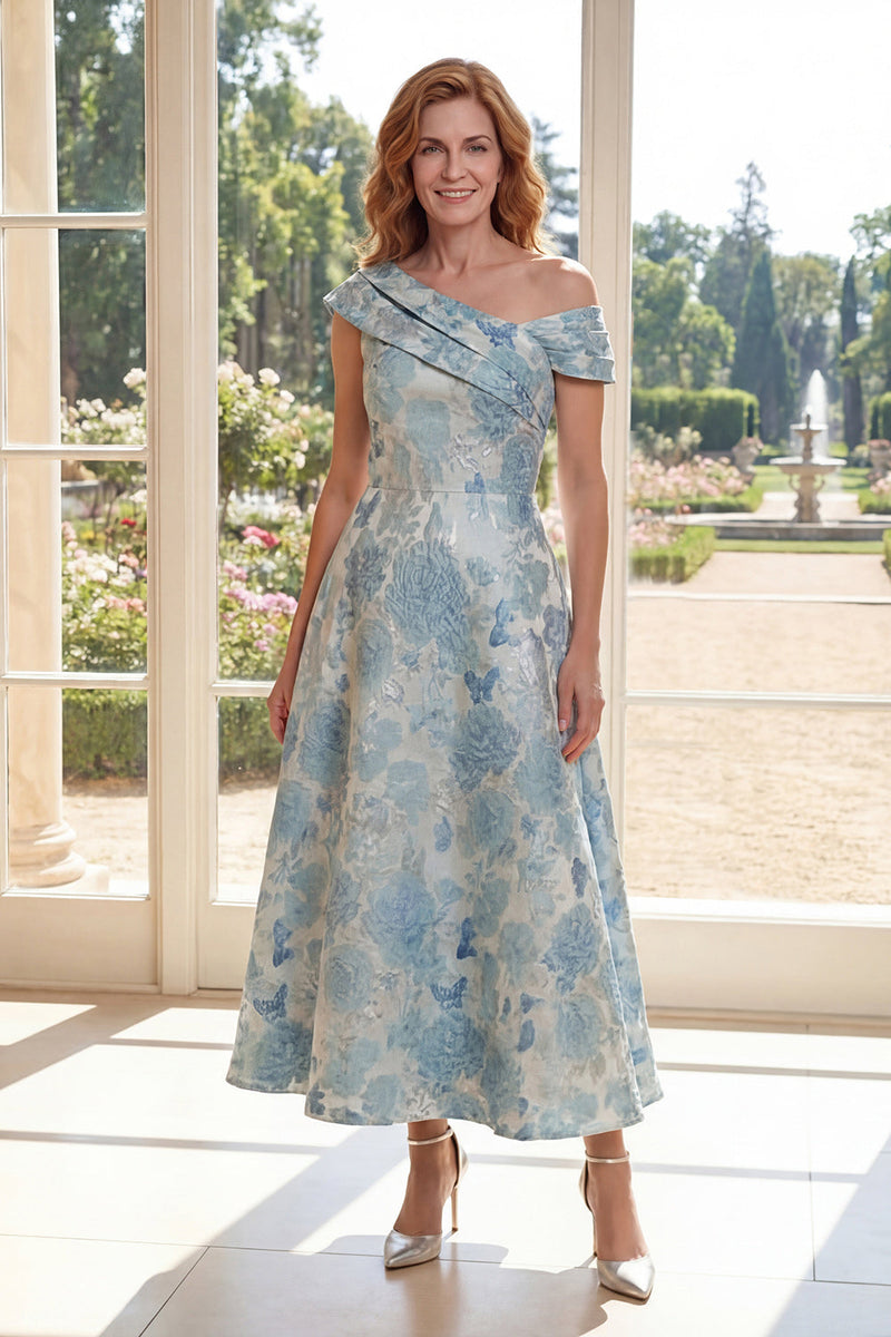 Laden Sie das Bild in den Galerie-Viewer, Ein Jacquard-blaues Midi-Kleid mit einer Schulter Mutter der Braut